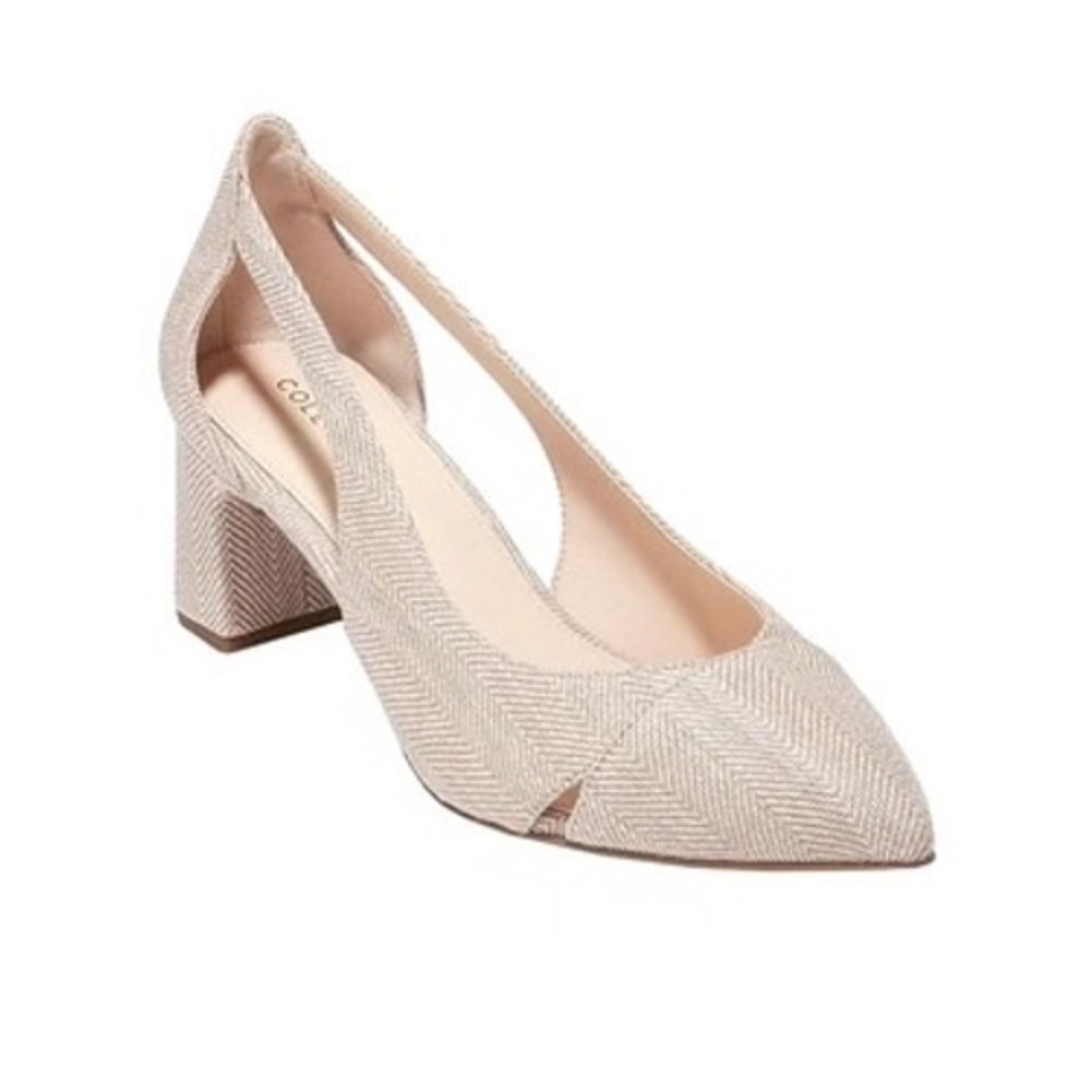 Cole Haan Caia Herringbone Block Heel‎ Pumps Beige Cream Pointed Toe Size 8.5